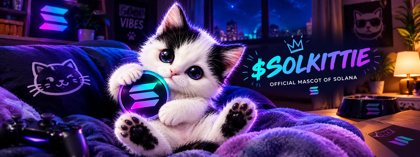 $SOLKITTIE kitten hugging the Solana coin in a room with neon lights